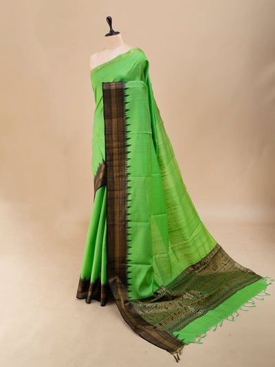 Apple green and black pure dupian raw silk saree