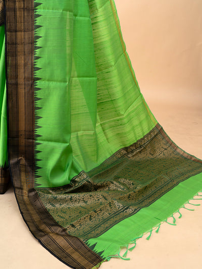 Apple green and black pure dupian raw silk saree