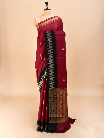 Red and black chevron pure dupian raw silk saree