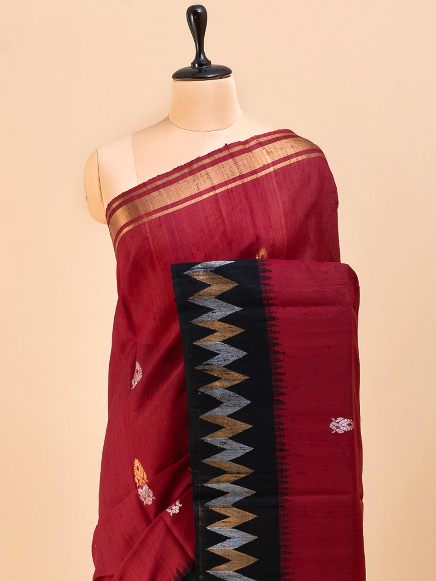 Red and black chevron pure dupian raw silk saree