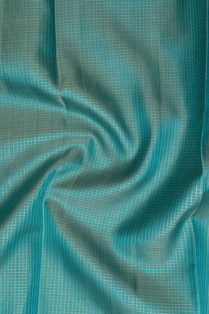 Blue and Peach Zari Checks Pure Kanchipuram Silk Saree - Clio Silks