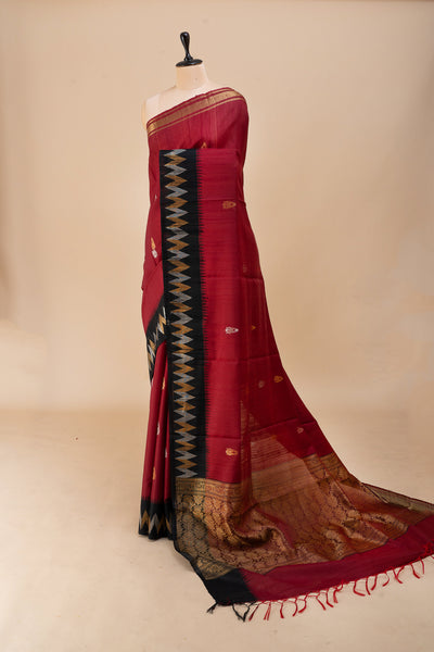 Red and black chevron pure dupian raw silk saree