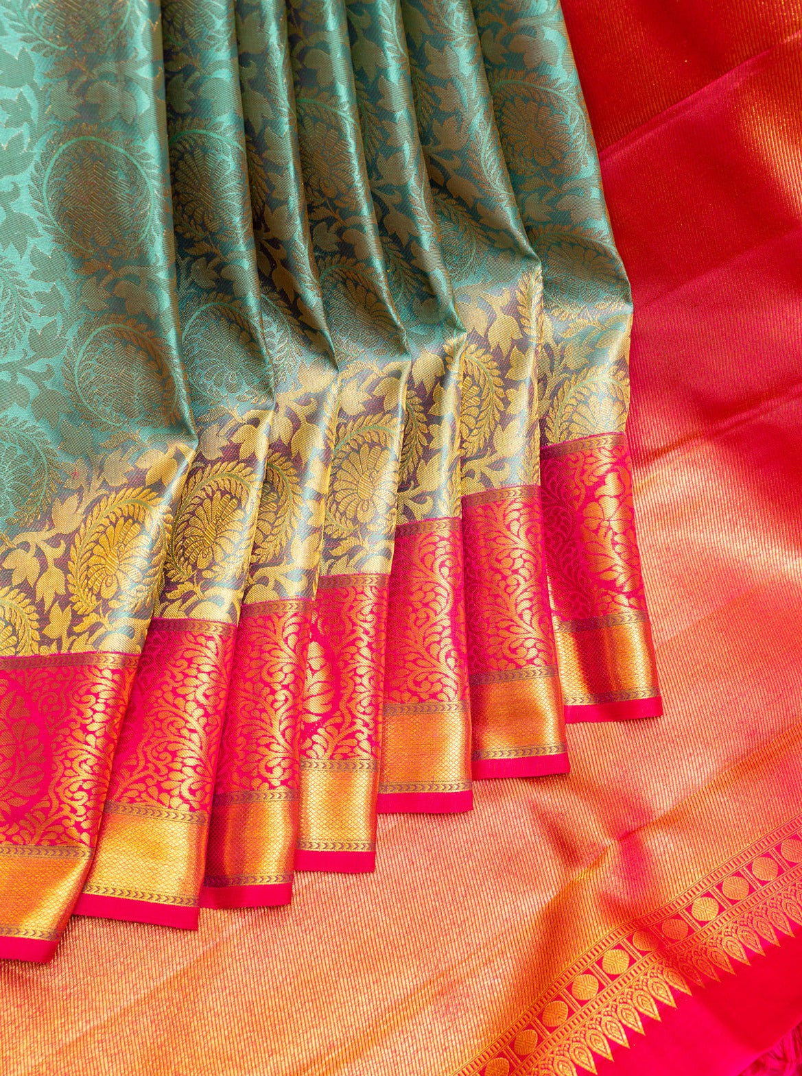 Pastel Blue and Peach Half & Half Pure Brocade Kanchipuram Silk Saree - Clio Silks