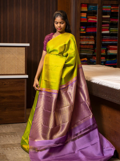 Sampanga Green and Purple Pure Kanchipuram Silk Saree - Clio Silks