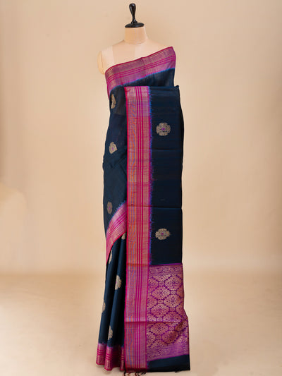 Navy blue and pink pure dupian raw silk saree