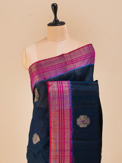 Navy blue and pink pure dupian raw silk saree