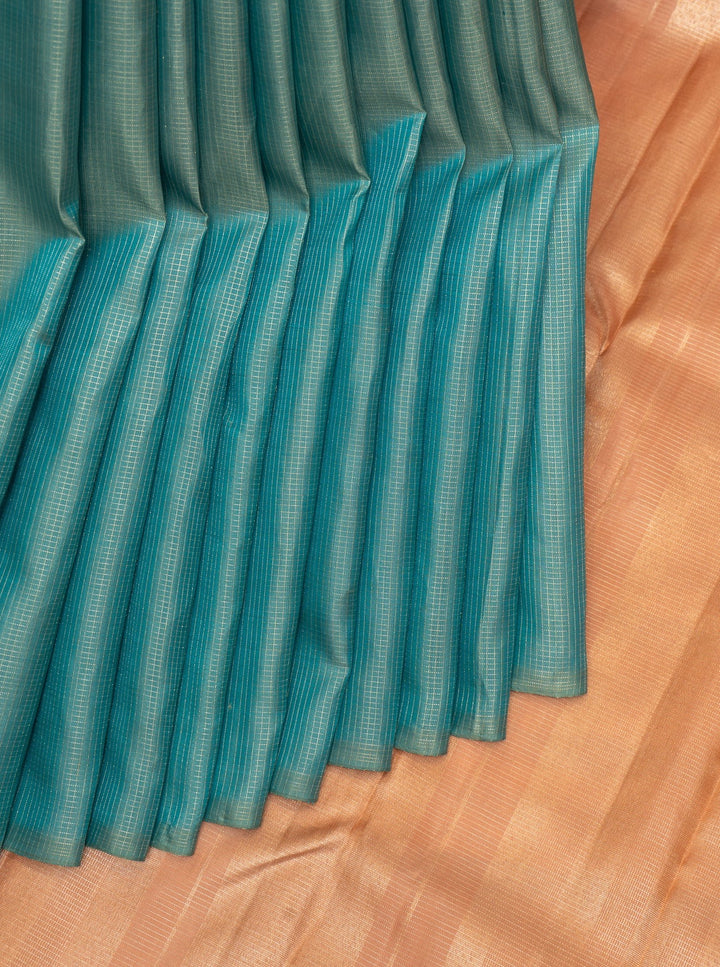 Blue and Peach Zari Checks Pure Kanchipuram Silk Saree - Clio Silks