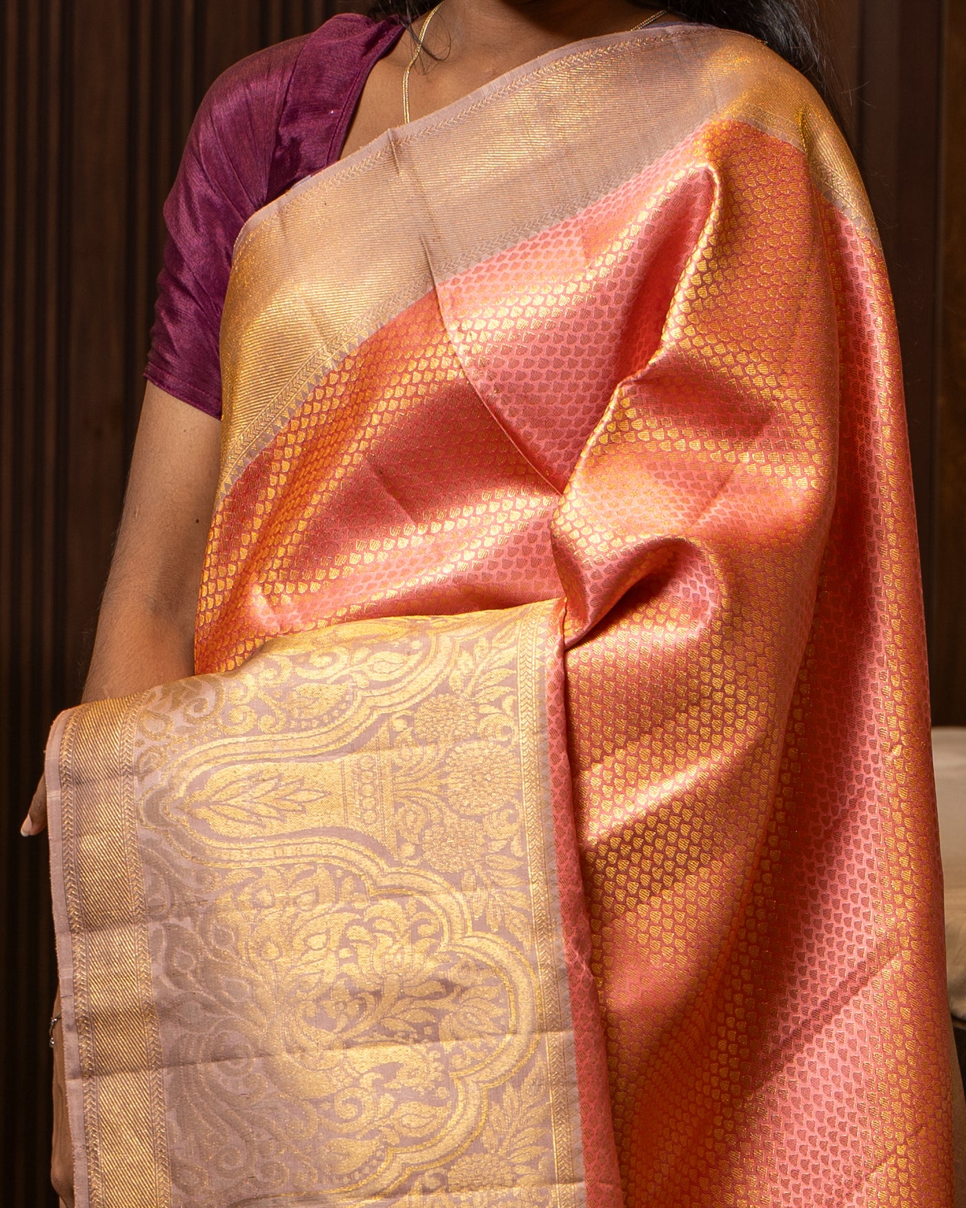 Peach and Mauve Zari Brocade Pure Kanchipuram Silk Saree - Clio Silks