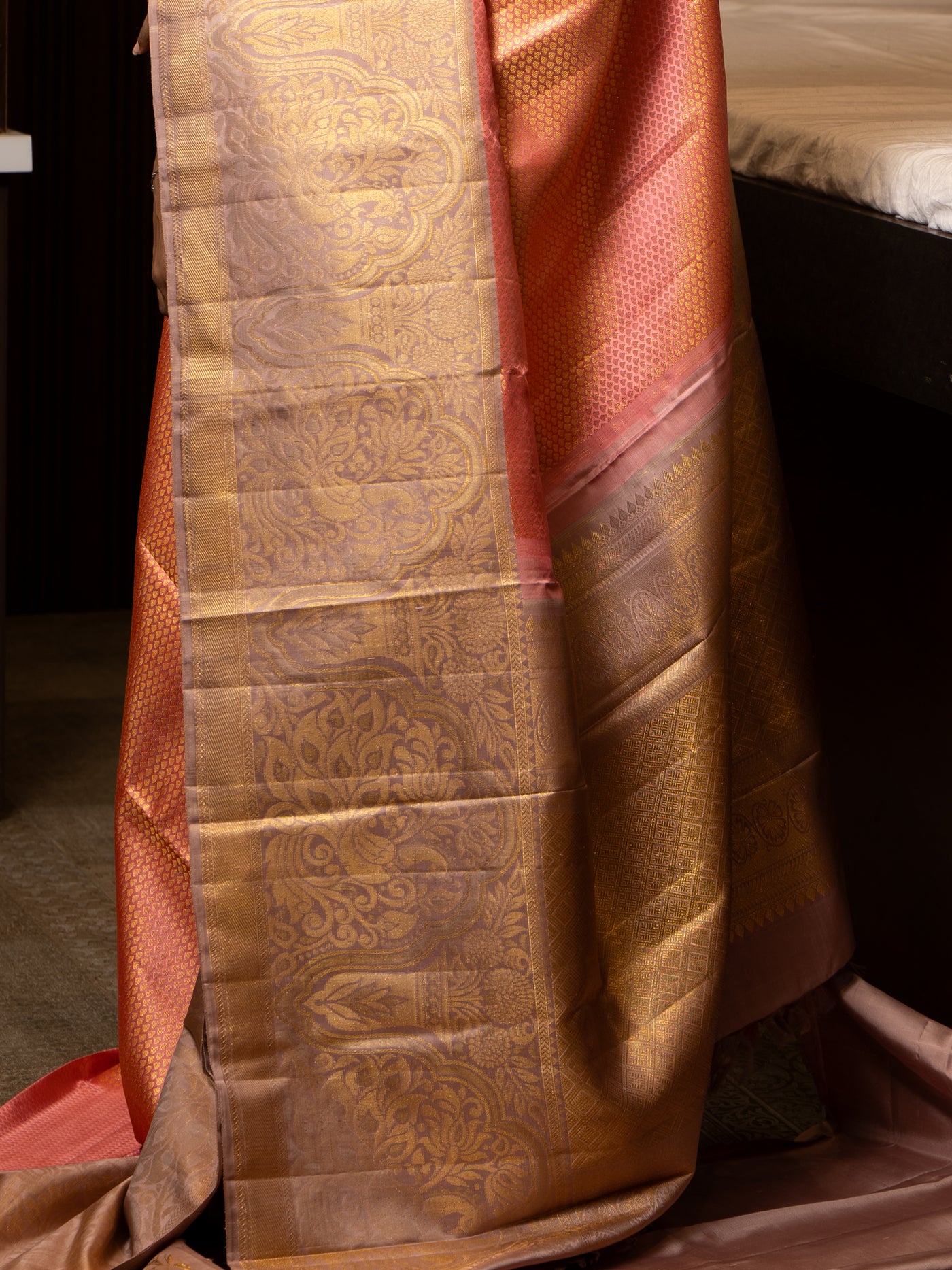 Peach and Mauve Zari Brocade Pure Kanchipuram Silk Saree - Clio Silks