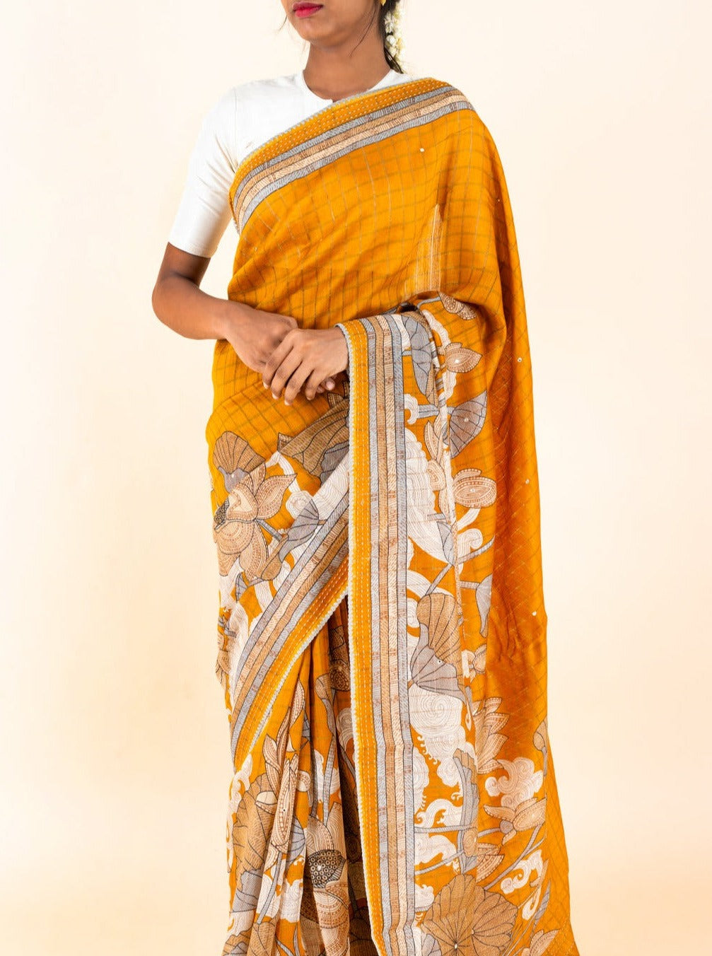 Mustard Printed Pure Tussar Saree