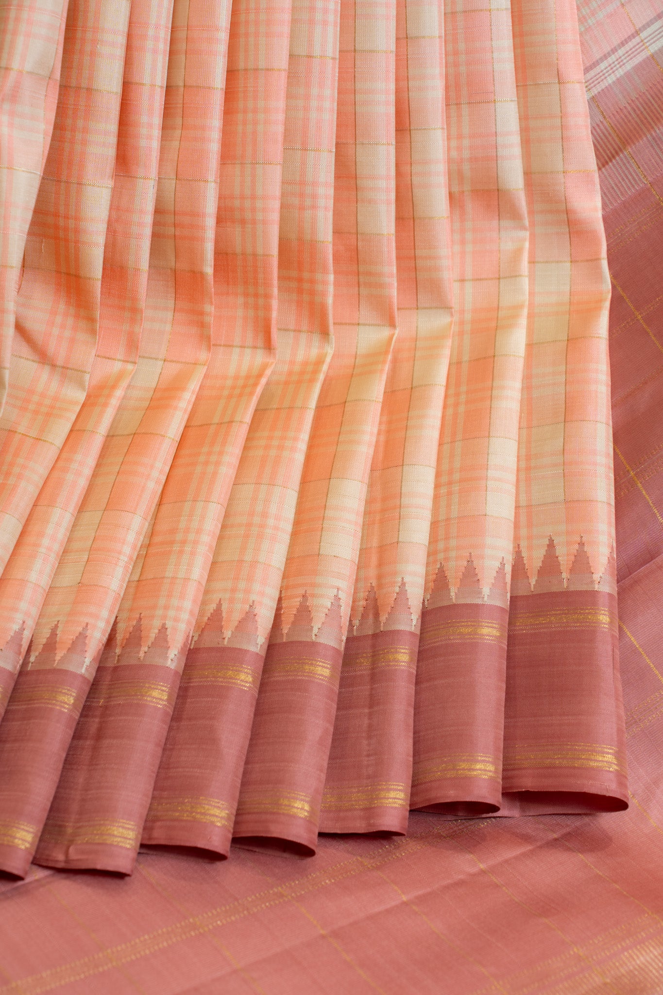 Peach multi checks pure zari Kanchipuram silk saree