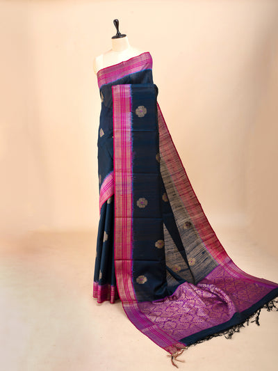 Navy blue and pink pure dupian raw silk saree