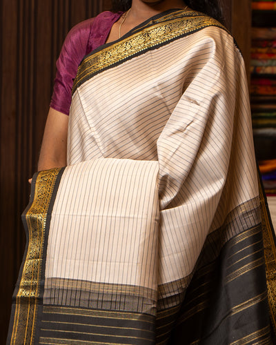Cream and Black Stripes Pure Kanchipuram Silk Saree - Clio Silks