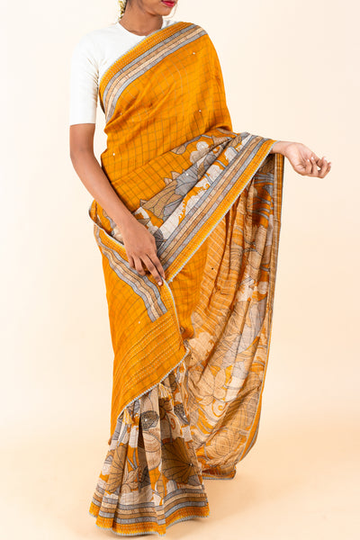 Mustard Printed Pure Tussar Saree