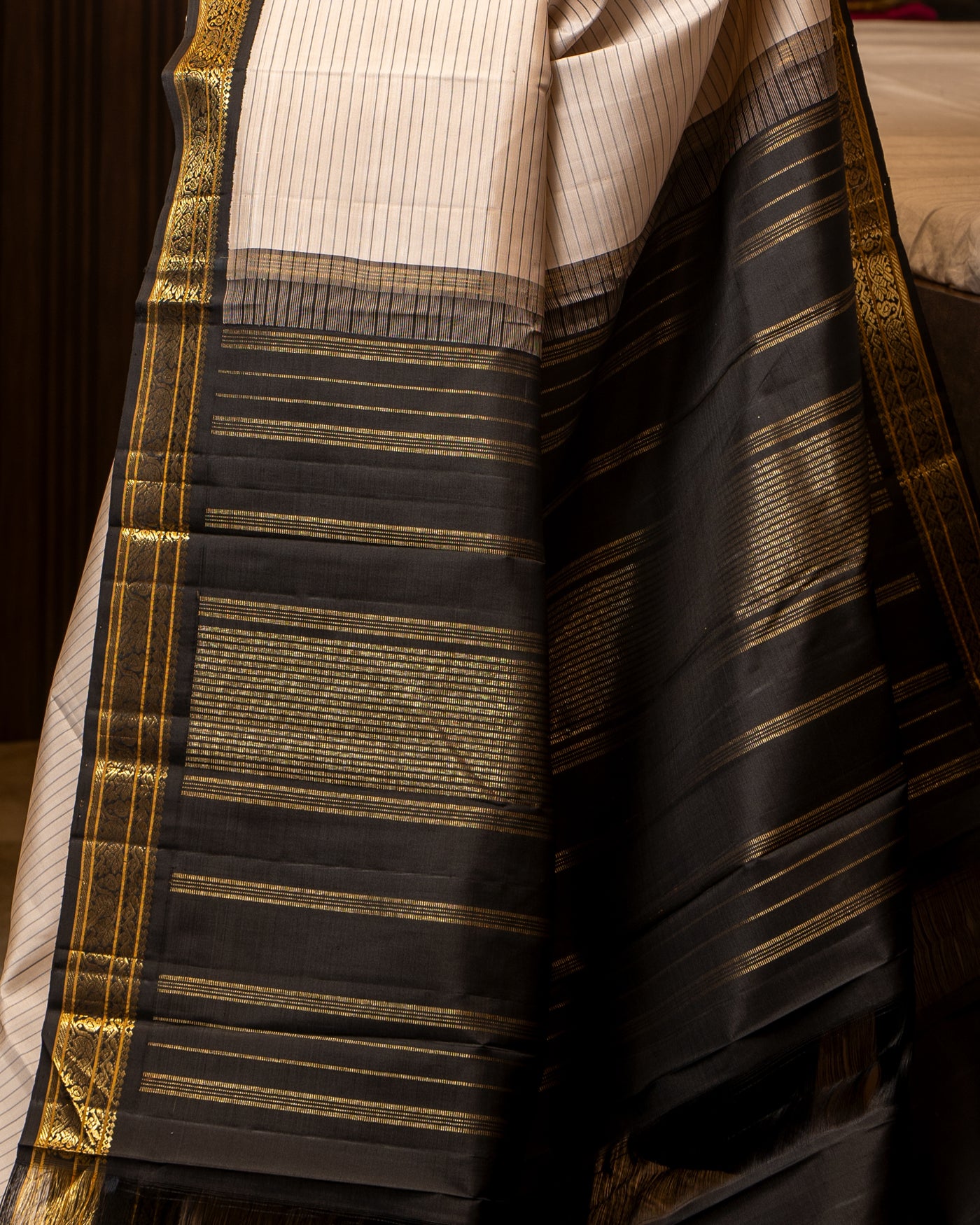 Cream and Black Stripes Pure Kanchipuram Silk Saree - Clio Silks