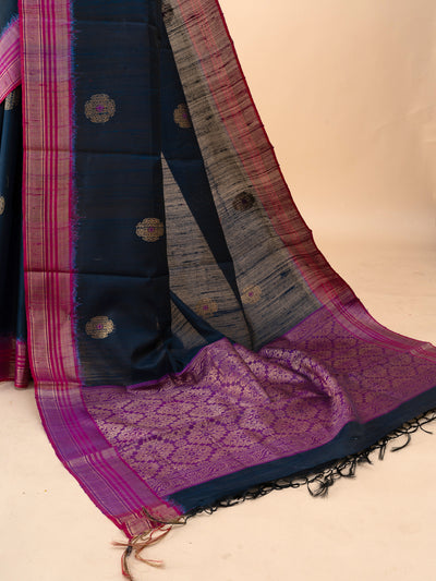 Navy blue and pink pure dupian raw silk saree