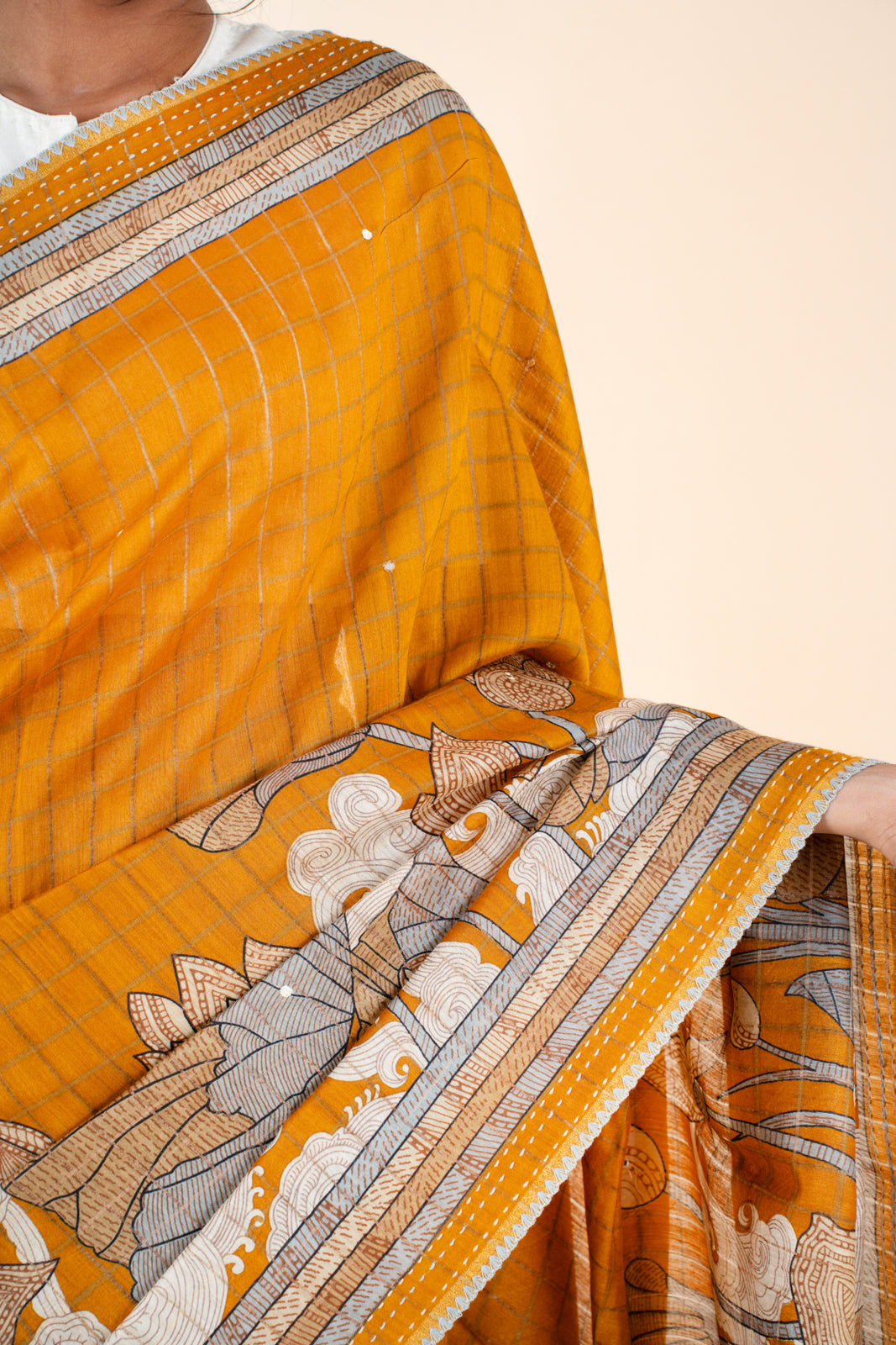 Mustard Printed Pure Tussar Saree