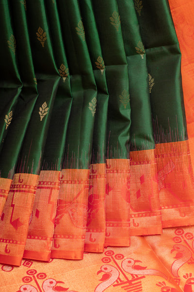 Emerald green and orange Paithani pure soft silk saree