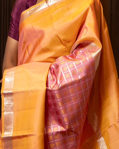 Pink and Peach Big Border Pure Kanchipuram Silk Saree - Clio Silks