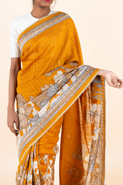 Mustard Printed Pure Tussar Saree