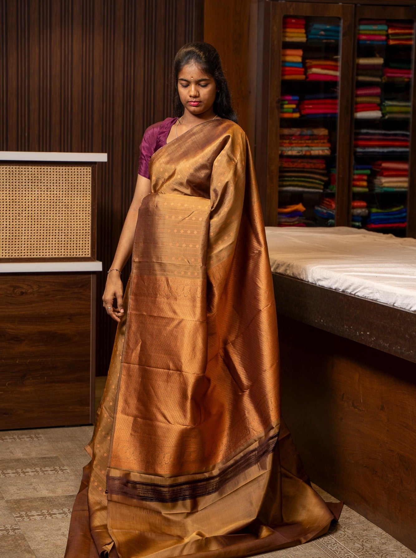 Khaki Brown Stripes Pure Kanchipuram Silk Saree - Clio Silks