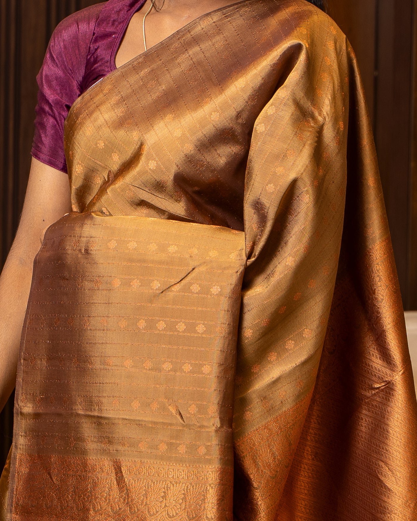 Khaki Brown Stripes Pure Kanchipuram Silk Saree - Clio Silks
