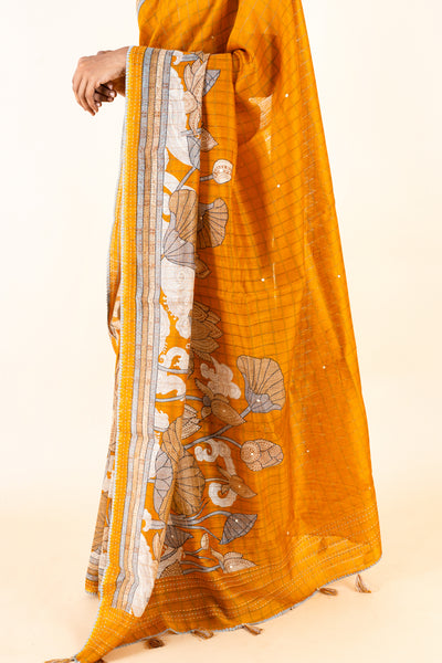 Mustard Printed Pure Tussar Saree