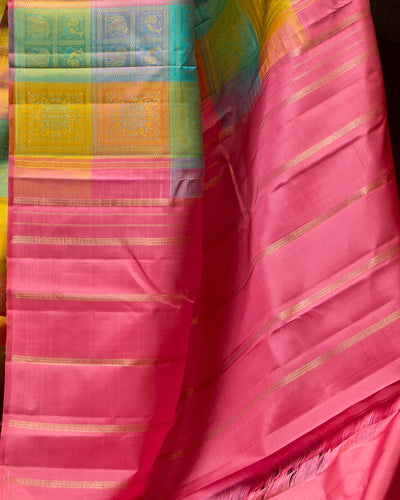 Pastel Checks Thread Brocade Pure Kanchipuram Silk Saree - Clio Silks