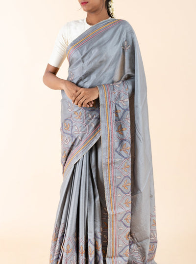 Grey Kantha Embroided Pure Tussar Saree - Clio Silks