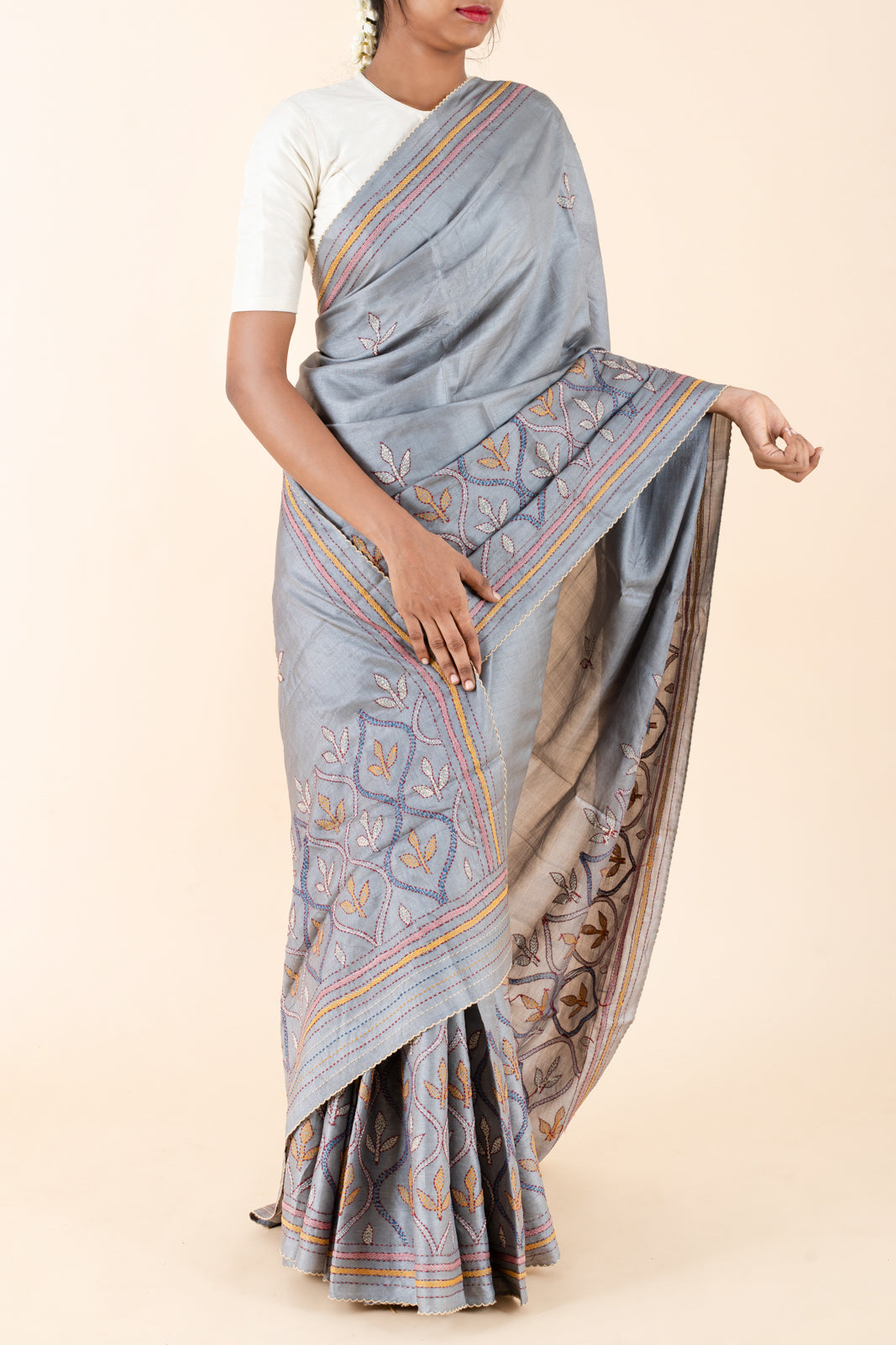 Grey Kantha Embroided Pure Tussar Saree - Clio Silks