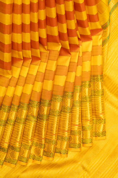 Mustard Yellow and Orange Pure Zari Stripes Kanchipuram Silk Saree - Clio Silks