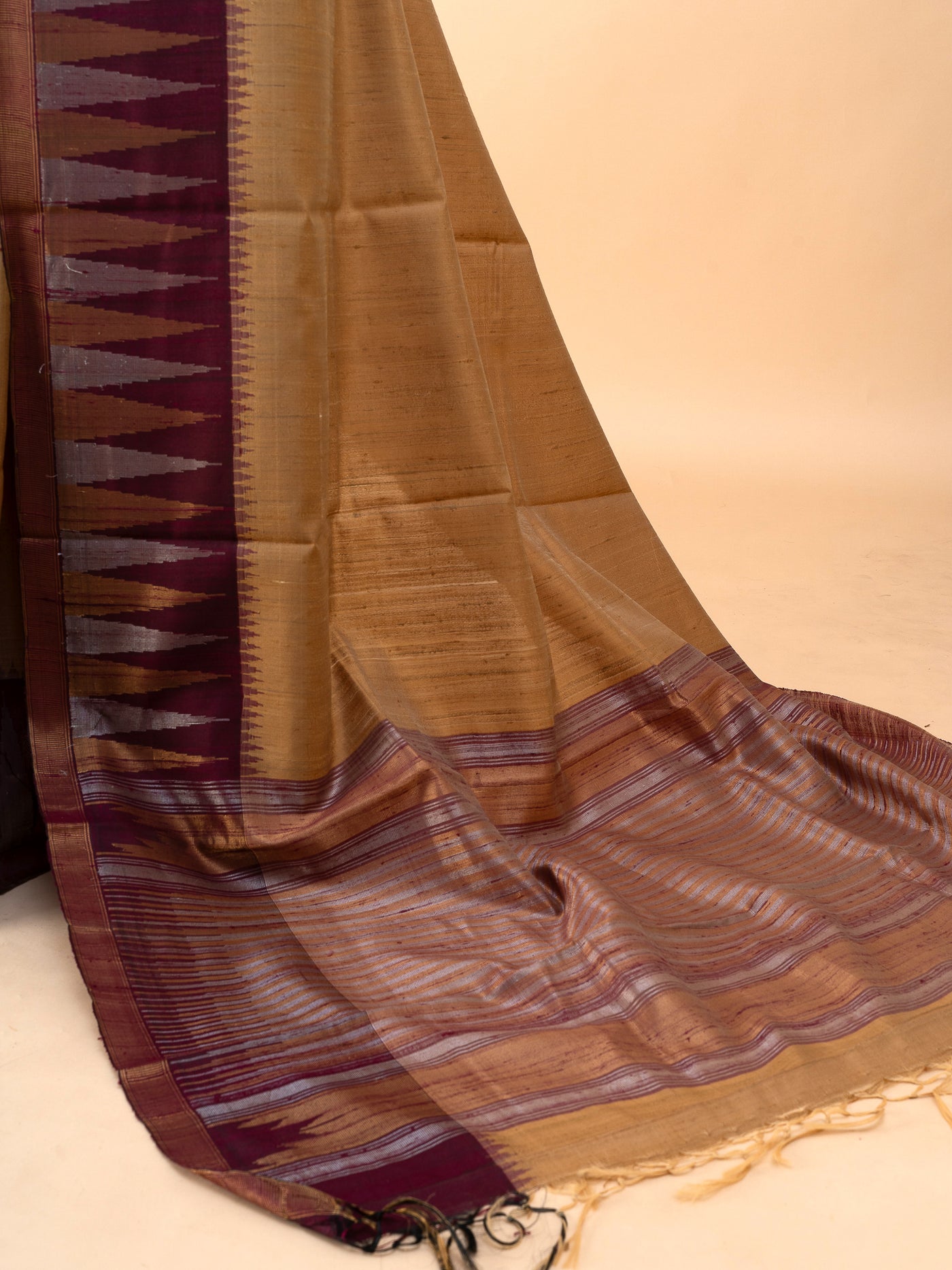 Beige and maroon temple pure dupian raw silk saree