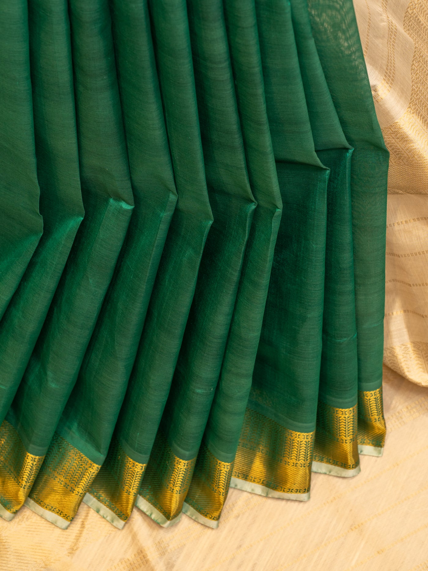 Emerald green and beige pure silk cotton saree