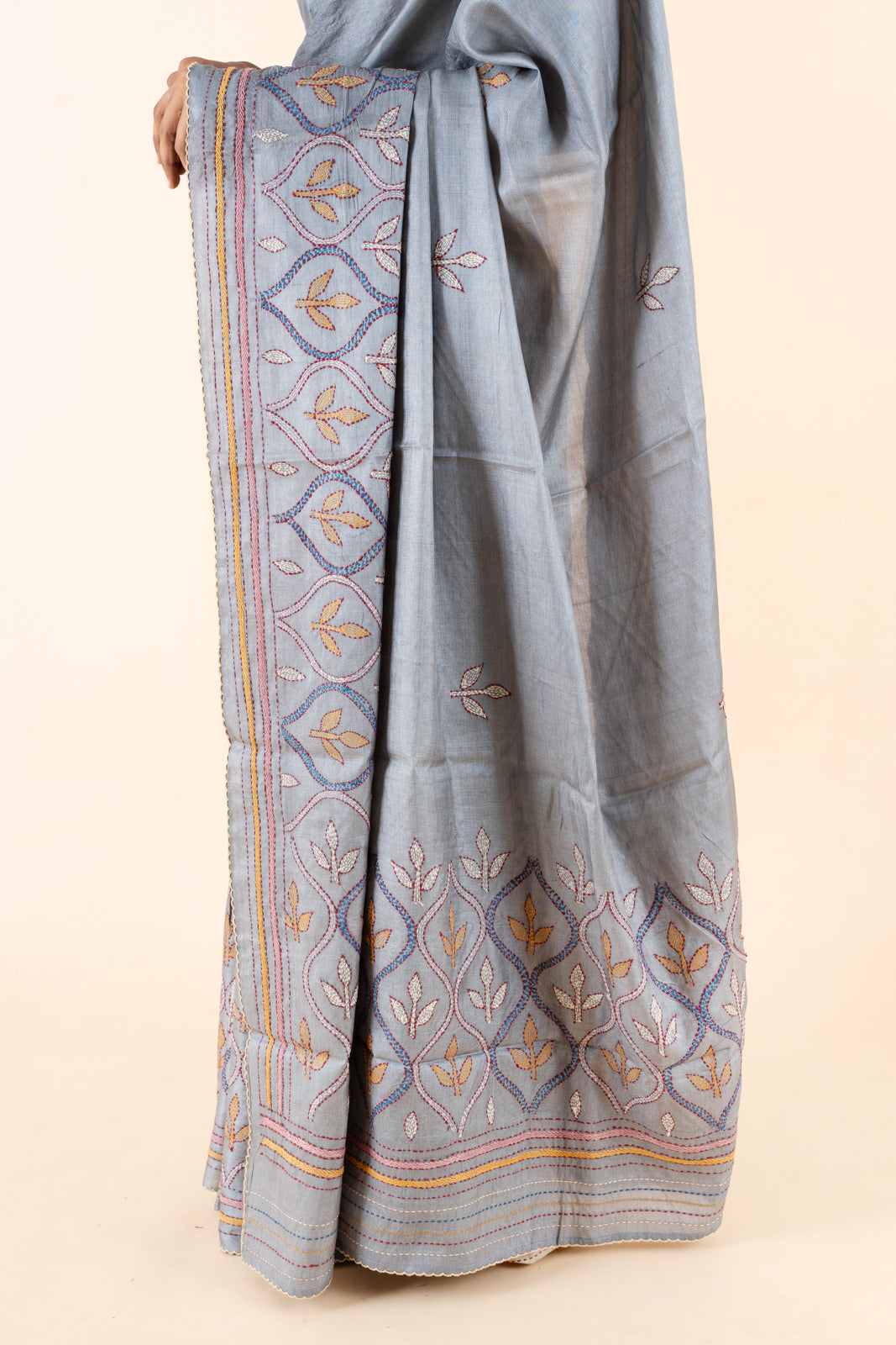 Grey Kantha Embroided Pure Tussar Saree - Clio Silks