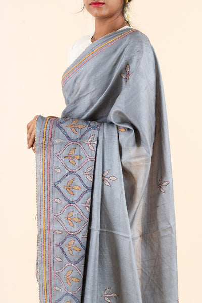 Grey Kantha Embroided Pure Tussar Saree - Clio Silks