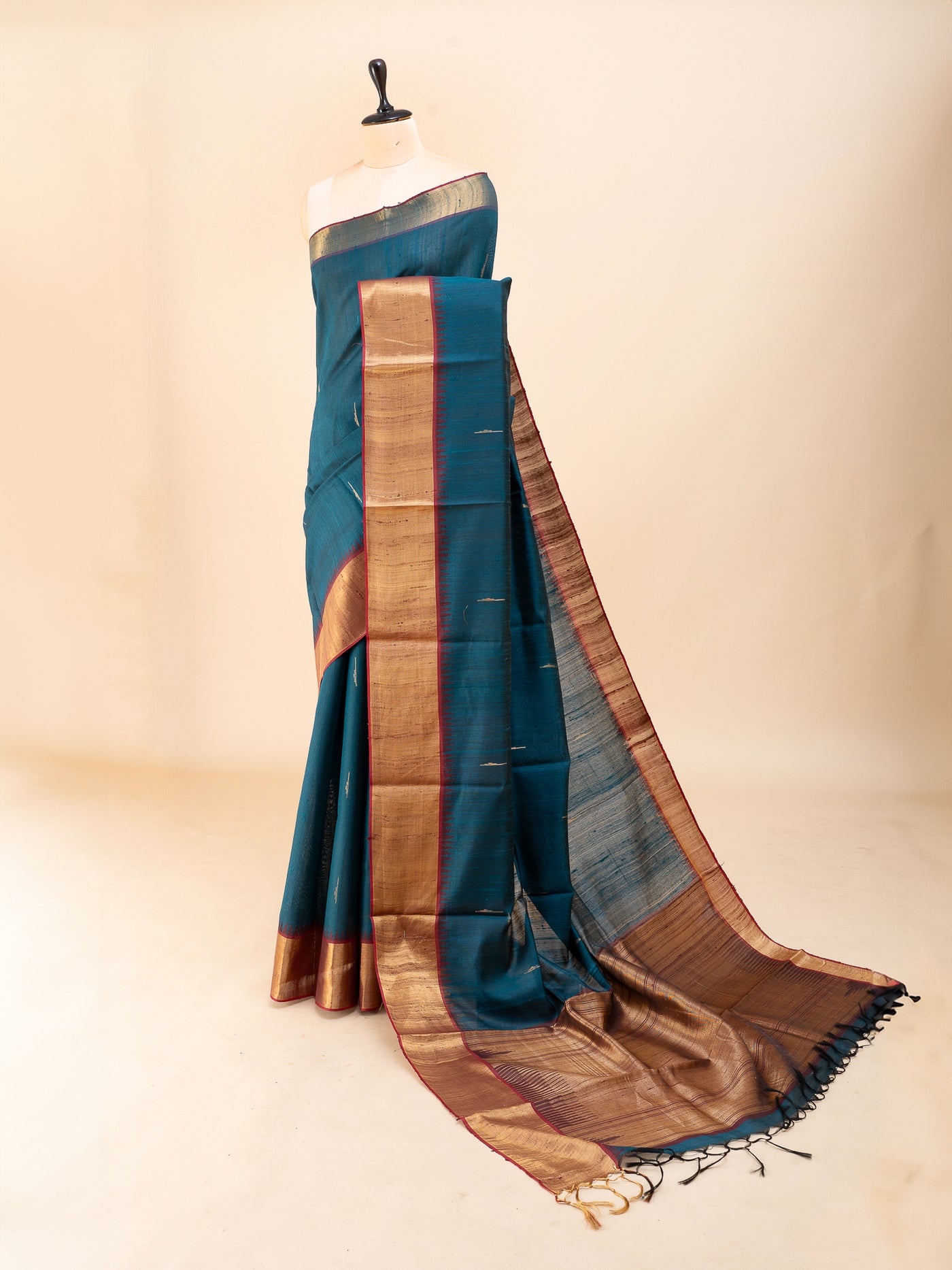 Peacock blue pure dupian raw silk saree