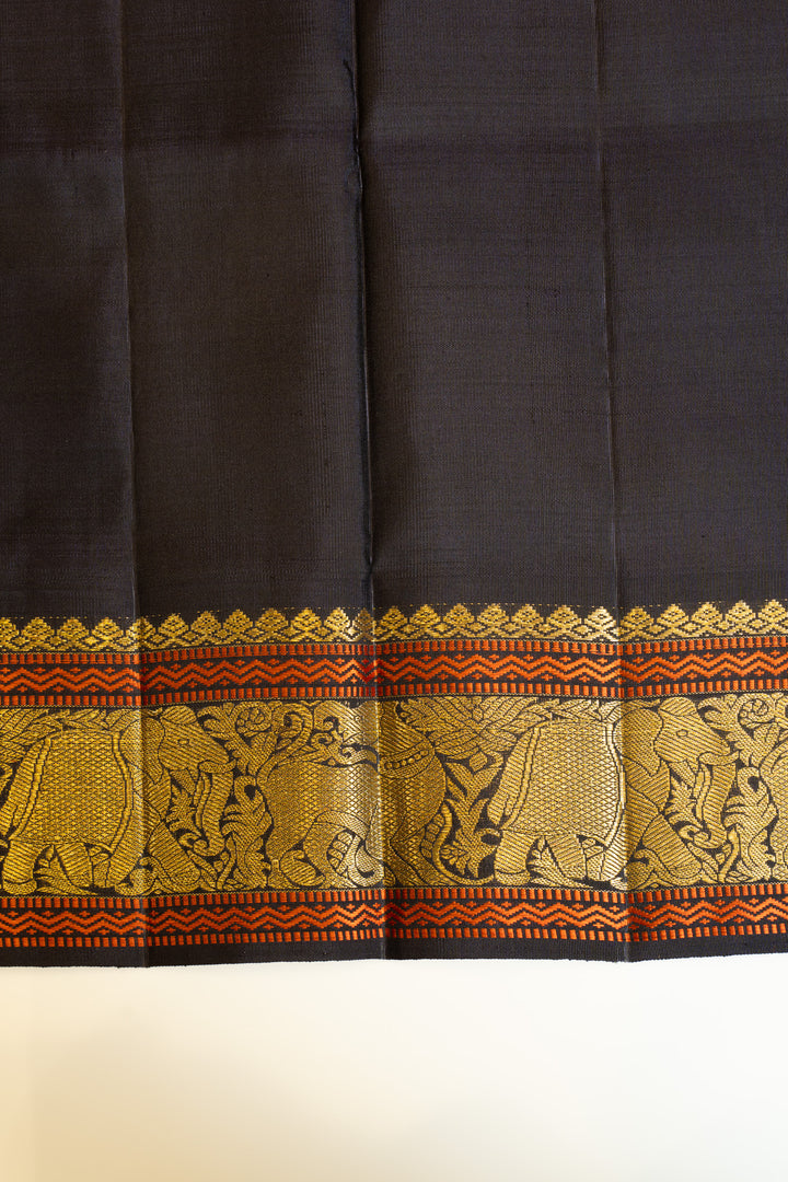 Orange and black multi checks pure Kanchipuram silk saree