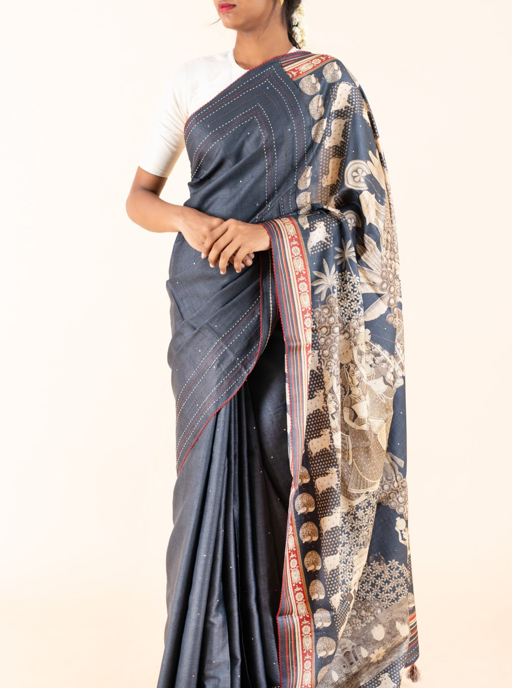 Grey Pure Maroon Pichwai Printed Tussar Saree - Clio Silks