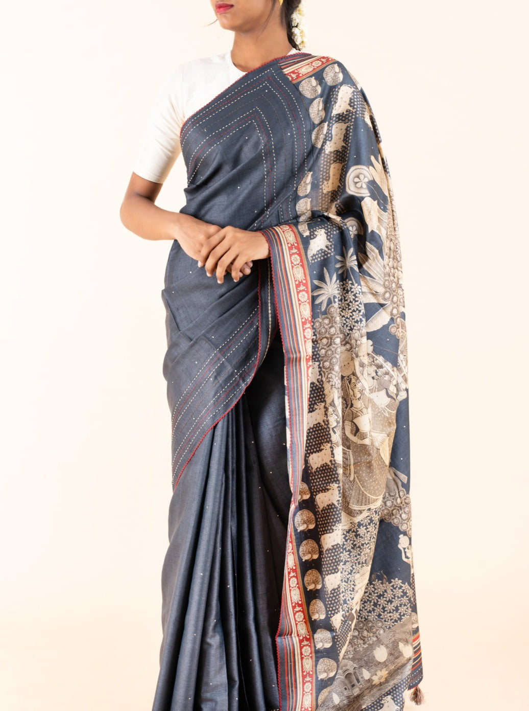 Blue Kantha Pichwai Printed Pure Munga Tussar Saree