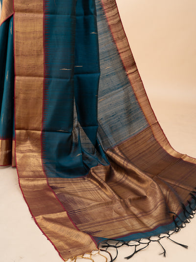 Peacock blue pure dupian raw silk saree