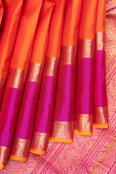 Orange and Magenta Pure Zari Kanchipuram Silk Saree - Clio Silks