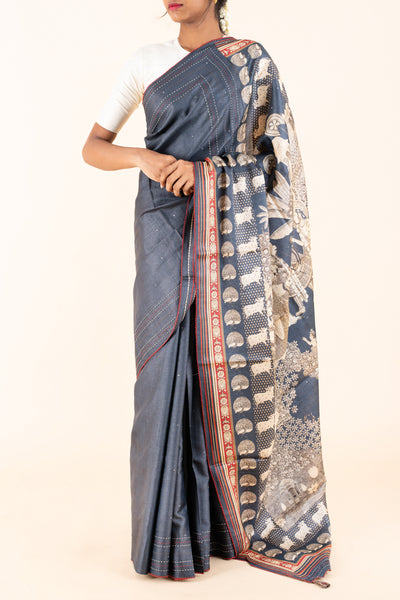 Blue Kantha Pichwai Printed Pure Munga Tussar Saree