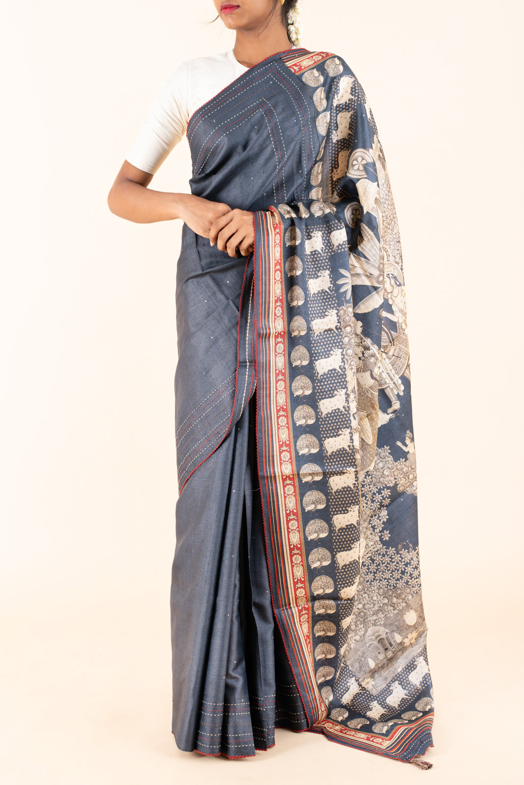 Grey Pure Maroon Pichwai Printed Tussar Saree - Clio Silks