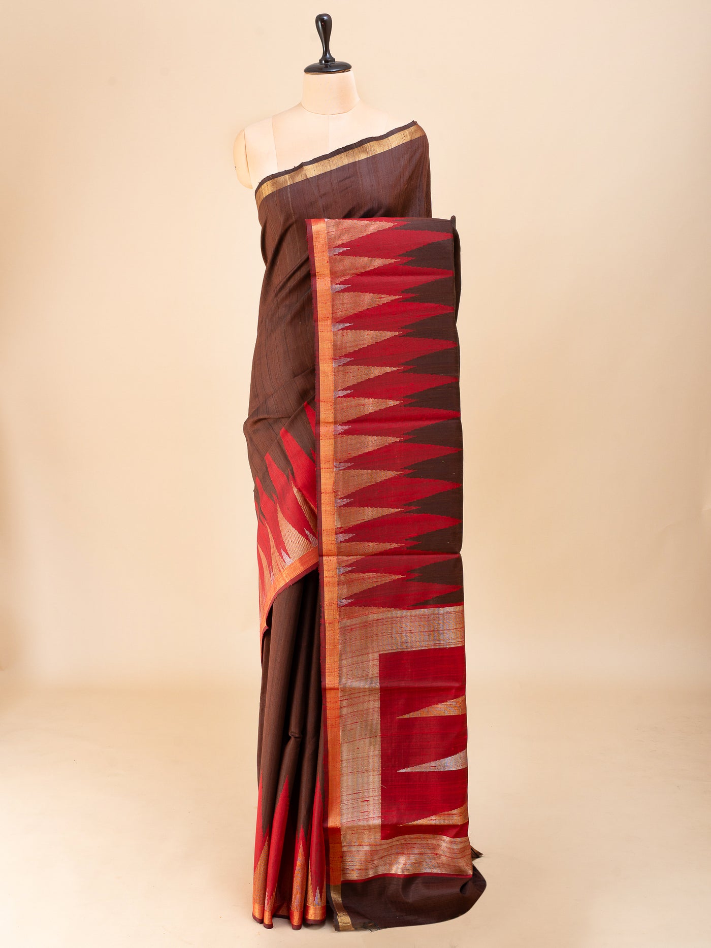 Brown and red temple pure dupian raw silk saree