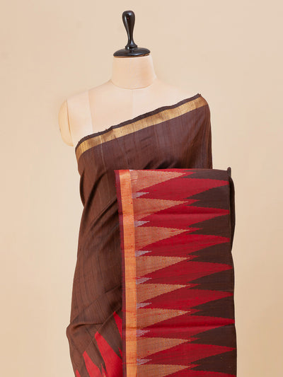 Brown and red temple pure dupian raw silk saree