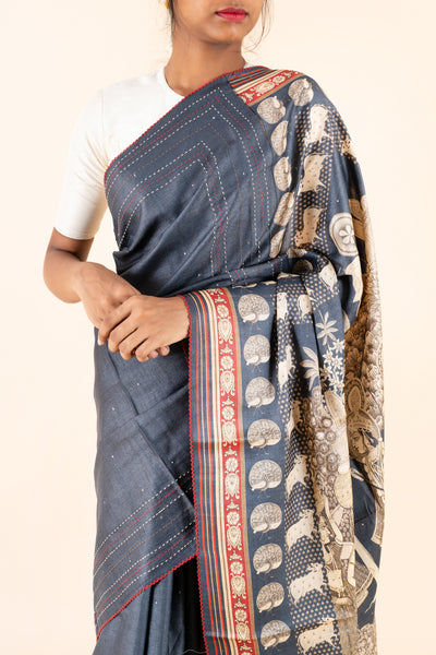 Blue Kantha Pichwai Printed Pure Munga Tussar Saree