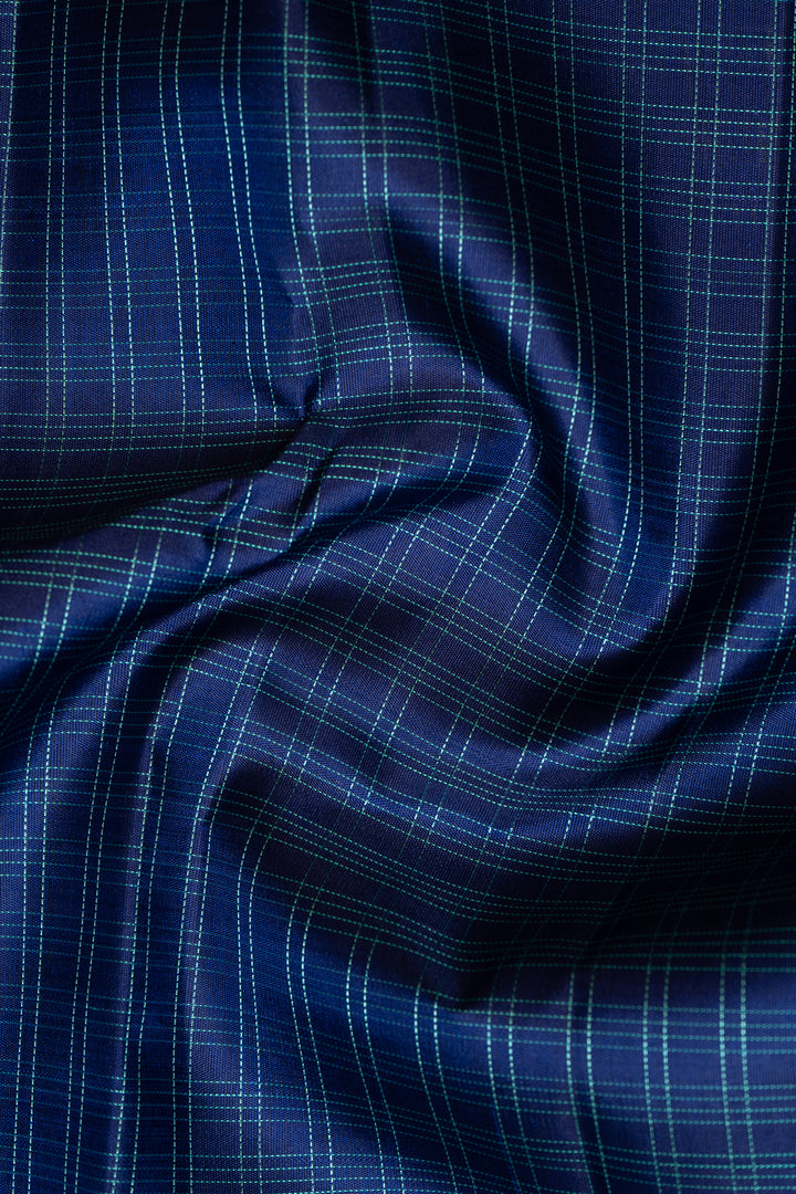 Ink Blue and Cyan Checks Pure Kanchipuram Silk Saree - Clio Silks