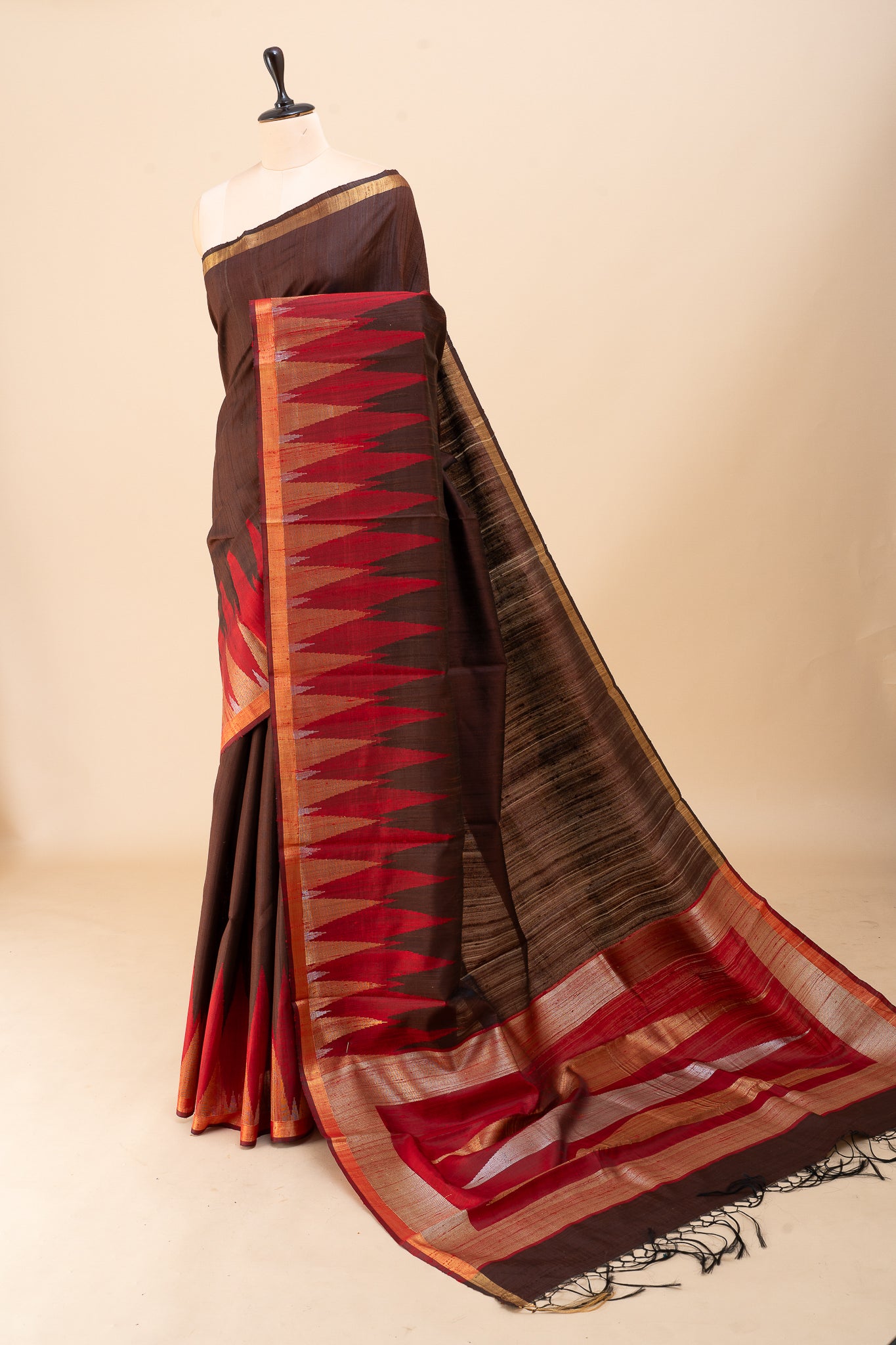 Brown and red temple pure dupian raw silk saree