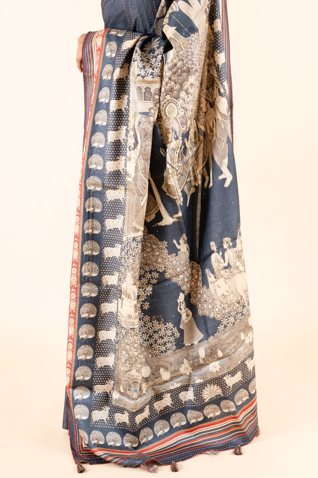 Grey Pure Maroon Pichwai Printed Tussar Saree - Clio Silks