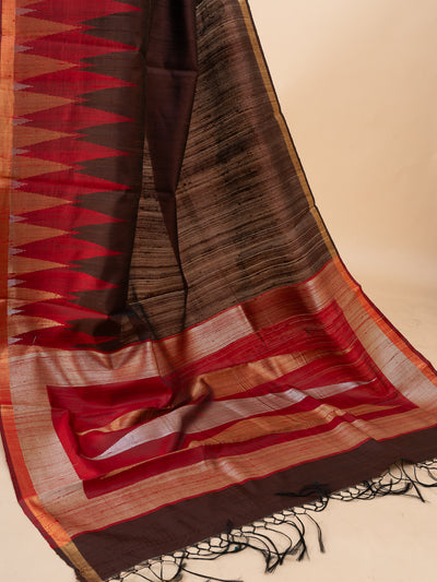 Brown and red temple pure dupian raw silk saree